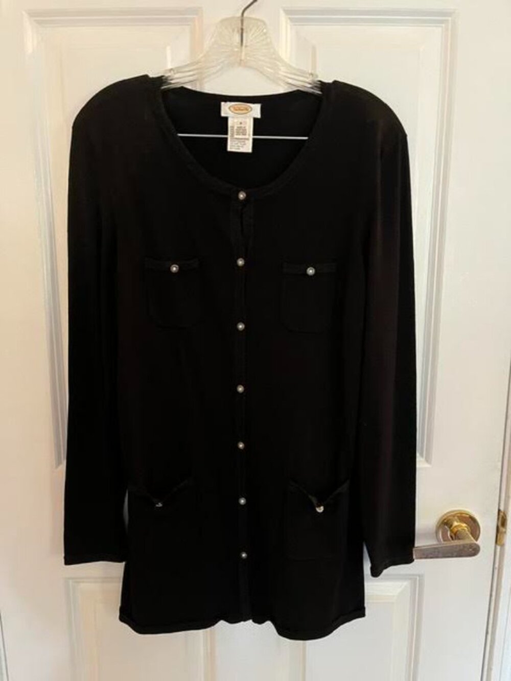 Black Talbots Pant suit, button down top, long sleeves, size 8.